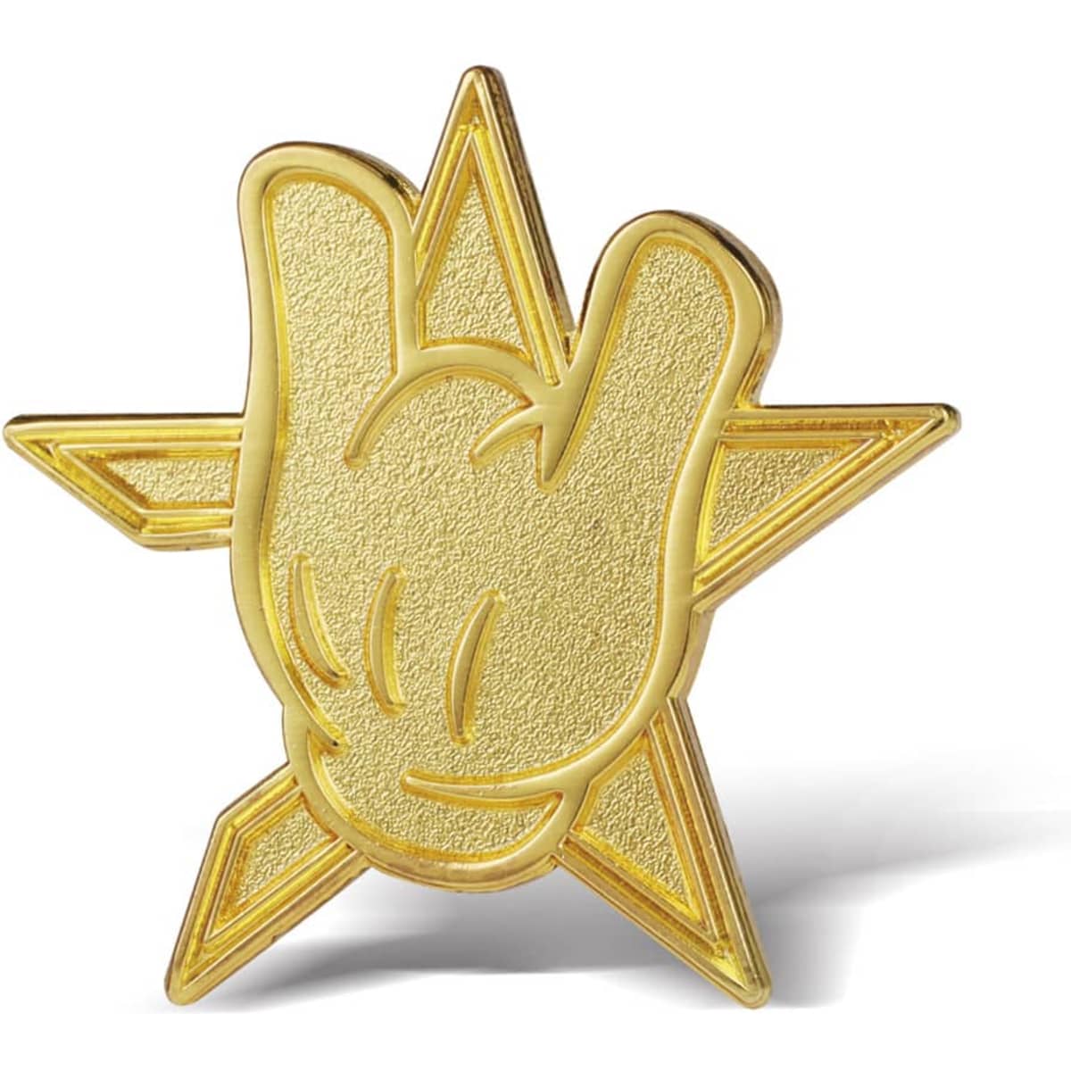 A gold die struck pin featuring a hand gesture within a star shape. The pin has a shiny metallic finish.