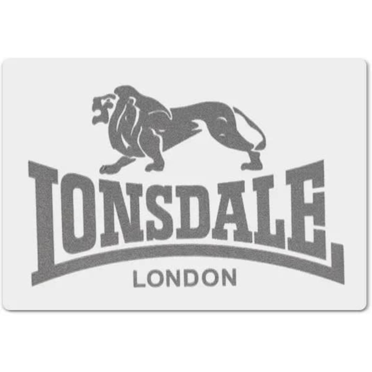 A rectangular patch in grey featuring a lion logo and the brand name "Lonsdale London."