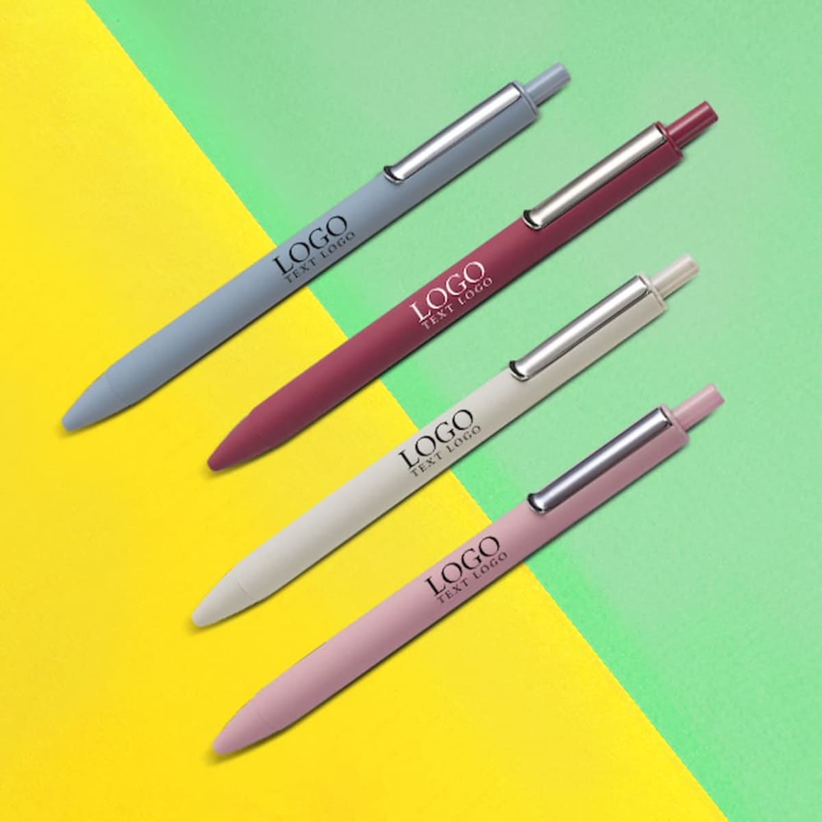A collection of four Click Gel Pens with Metal Clips in blue, burgundy, pale blue, and pink, featuring a logo.