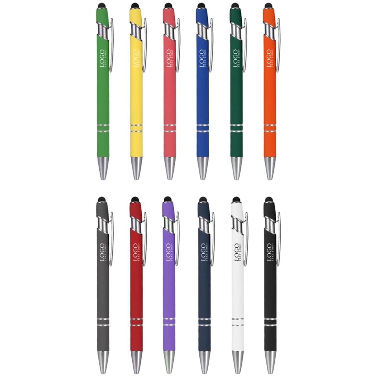 A collection of stylus ballpoint pens in various colours including green, yellow, blue, orange, and black, with metallic accents.