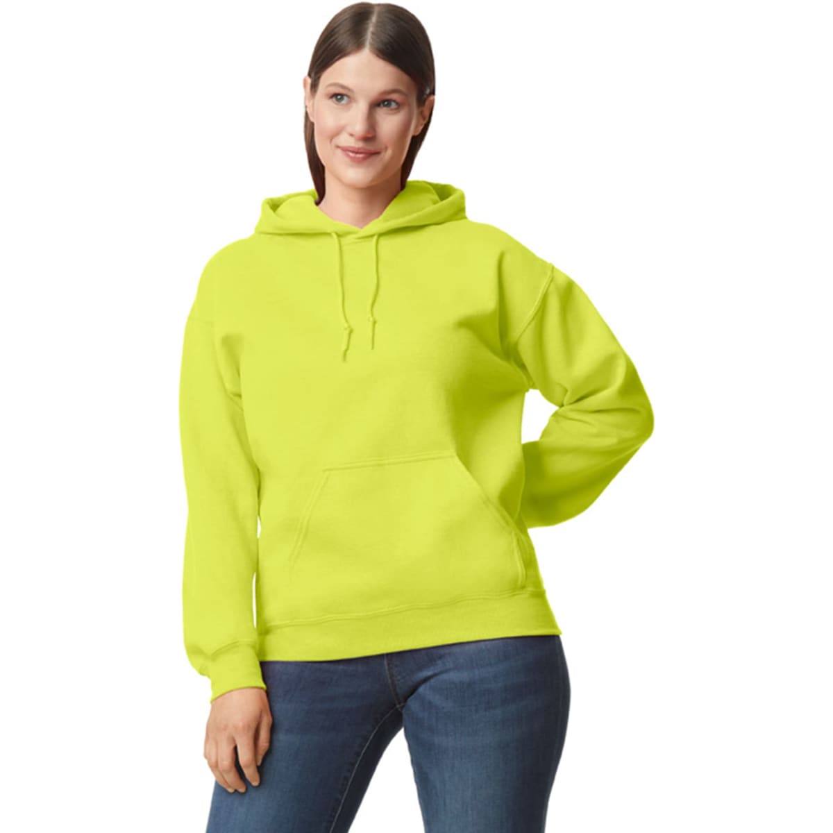 A bright yellow hooded sweatshirt with a front pocket and drawstring, worn by a model.