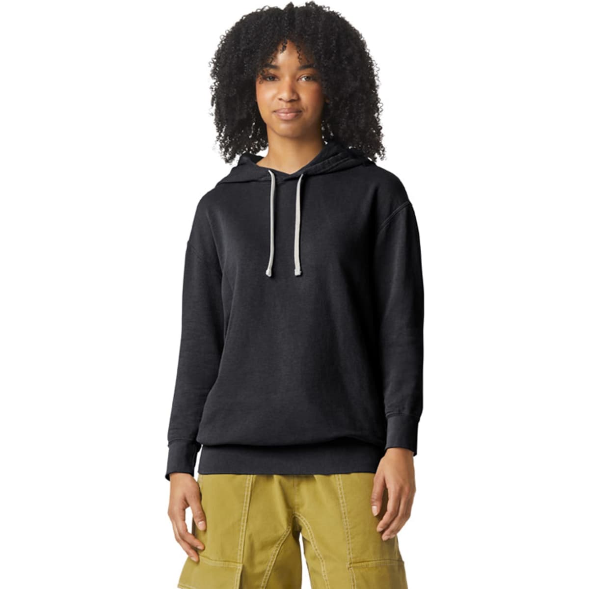A lightweight hooded sweatshirt in black, featuring a drawstring hood and a relaxed fit. It has a logo on the front.