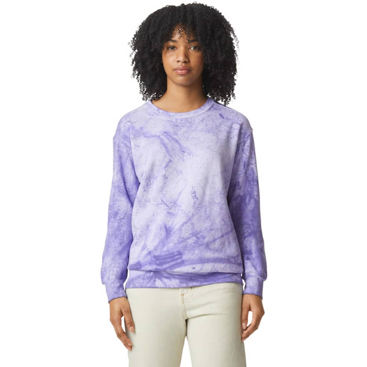 A purple tie-dye crewneck sweatshirt with long sleeves, featuring a logo on the front.