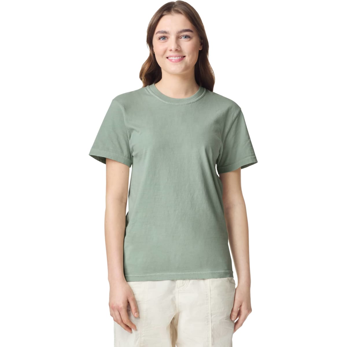 A lightweight, sage green adult heavyweight T-shirt with short sleeves and a plain design. Features a logo on the upper left.