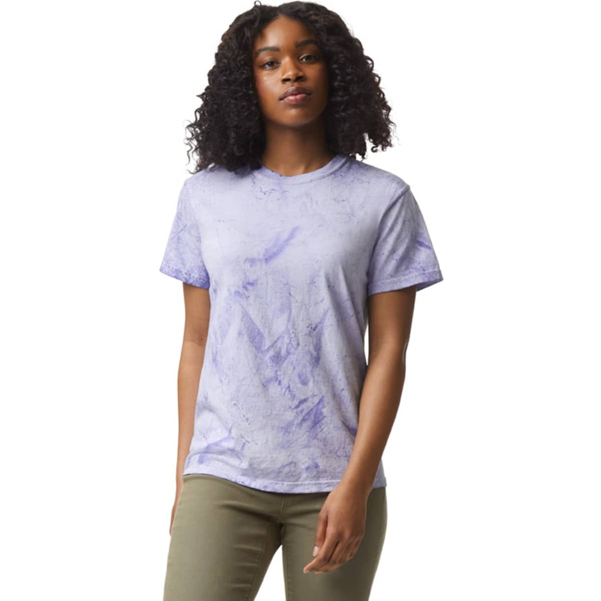 A heavyweight t-shirt in a marbled purple pattern, featuring a round neckline and short sleeves. It has a logo on the front.