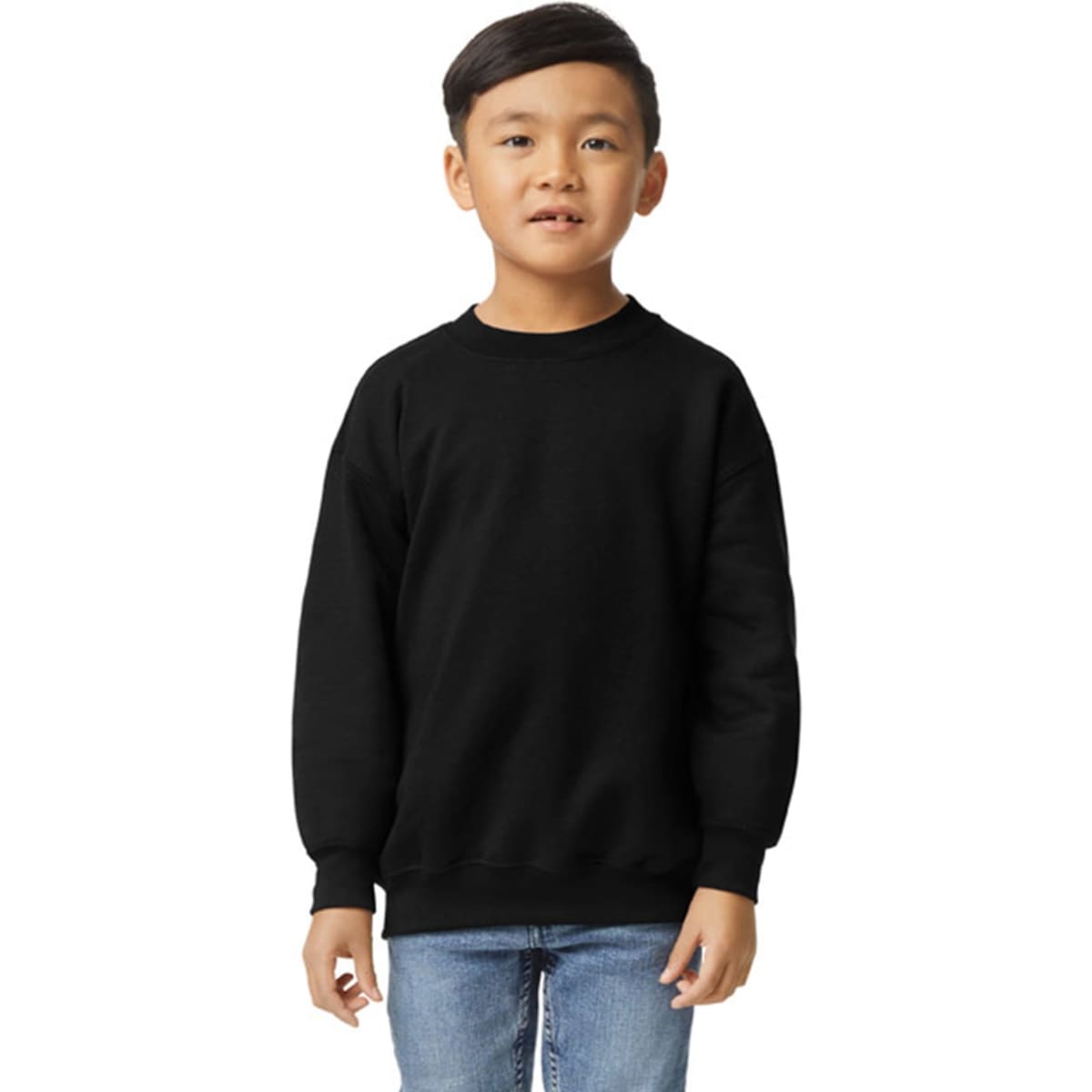 A youth sweatshirt in black, featuring a round neckline and long sleeves. It has a small logo on the chest area.