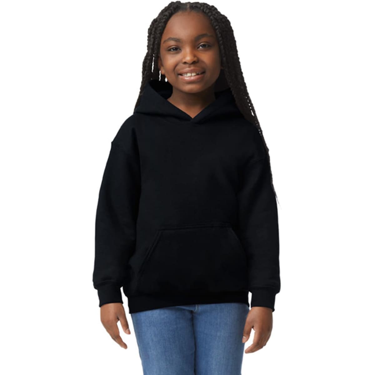 A black hooded sweatshirt for youth, featuring a front pocket and a hood, worn by a smiling girl.