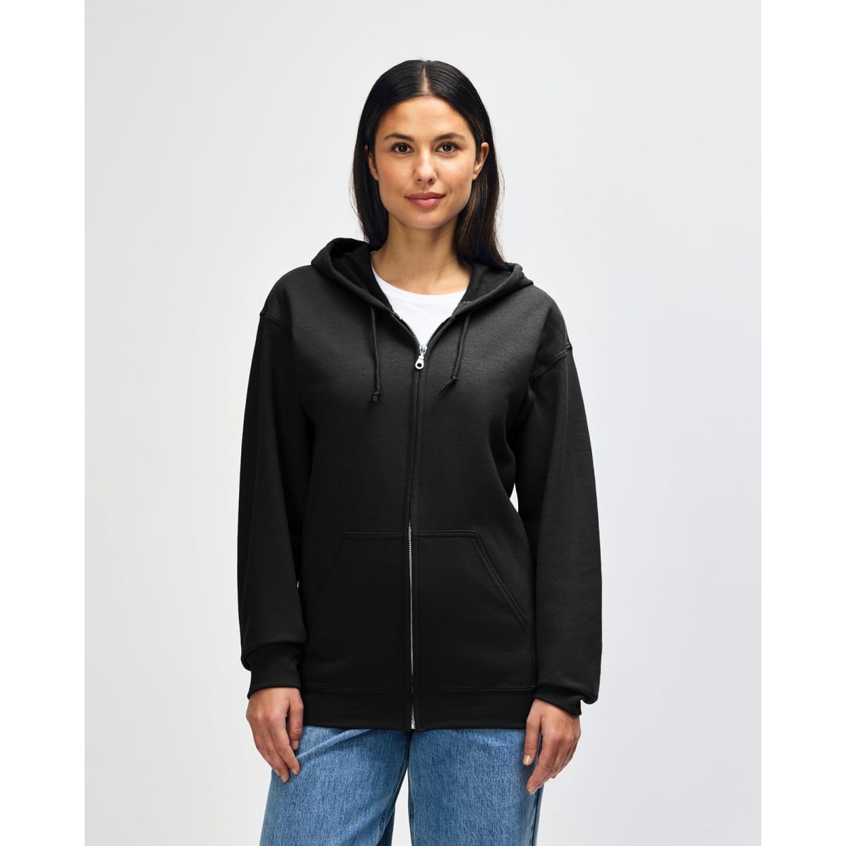 A dark green full zip hooded sweatshirt worn by a model, featuring a front pocket and a hood.