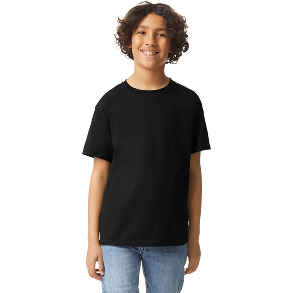 A black short sleeve T-shirt for youth, featuring a simple design and a logo on the label.