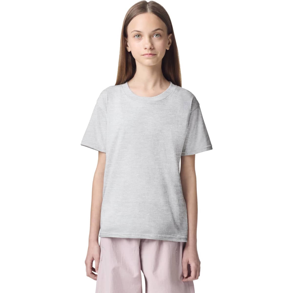 A grey youth t-shirt with a classic fit and short sleeves, featuring a small logo.