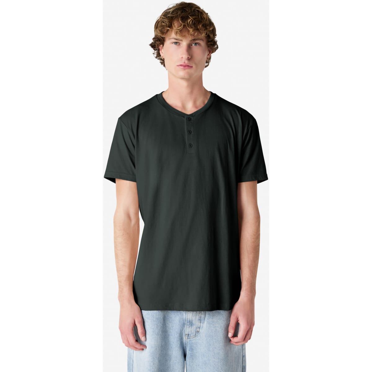 A unisex henley T-shirt in black, featuring short sleeves and a buttoned neckline, showcasing a logo.