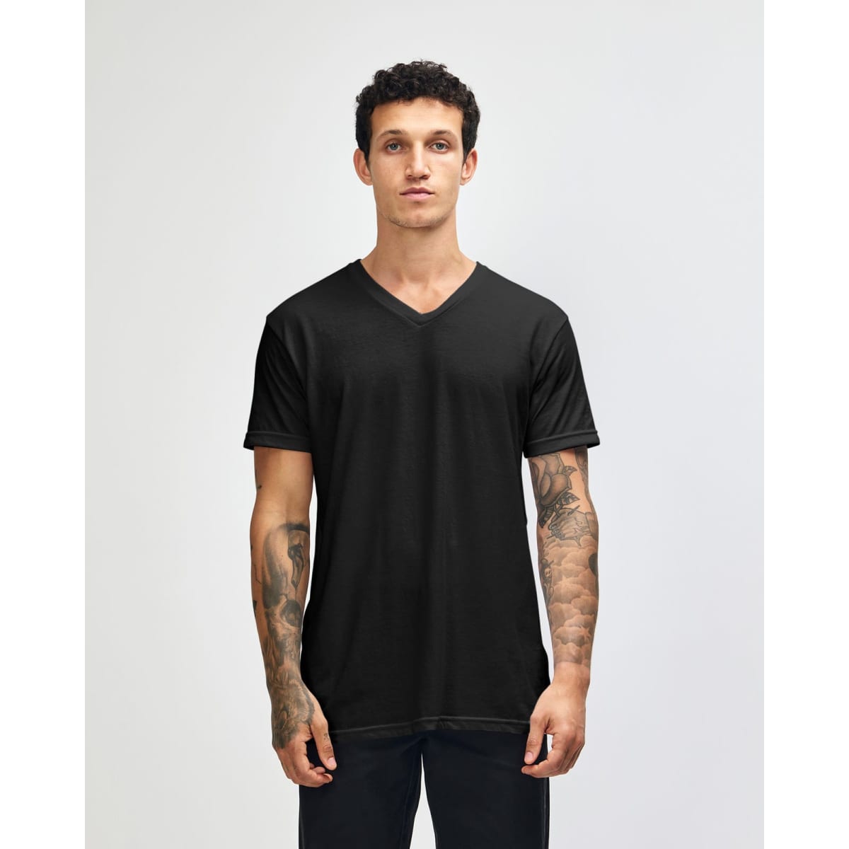 A black unisex V-neck T-shirt displayed on a model, featuring short sleeves and a logo.