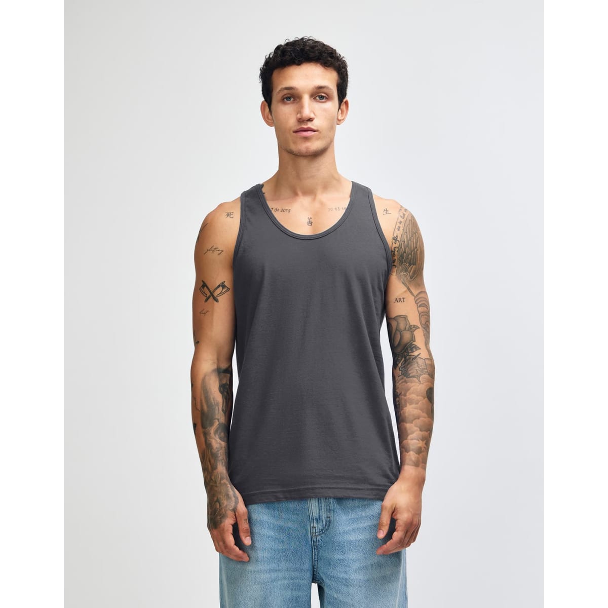 A unisex fine jersey tank in grey with red side panels, featuring a logo on the front.