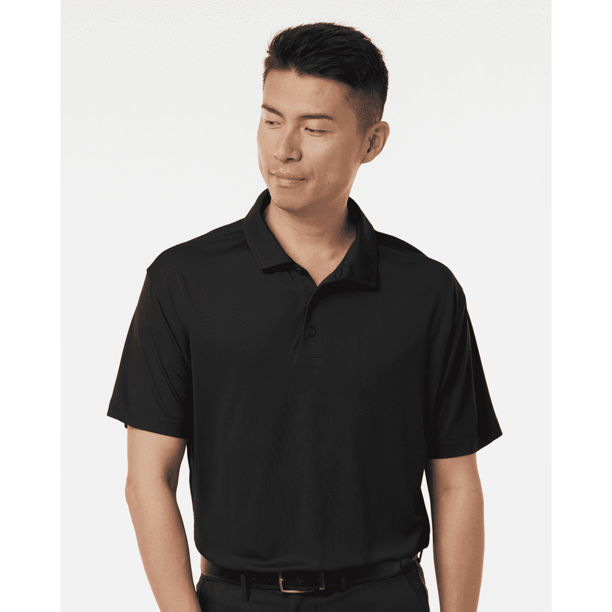 A black Men's Pro-Lock Performance Polo with a collared design and a branded logo.
