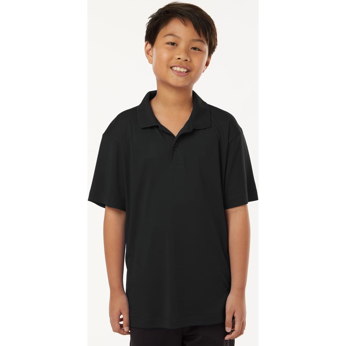 A youth black polo shirt with a collar and short sleeves, featuring a logo.