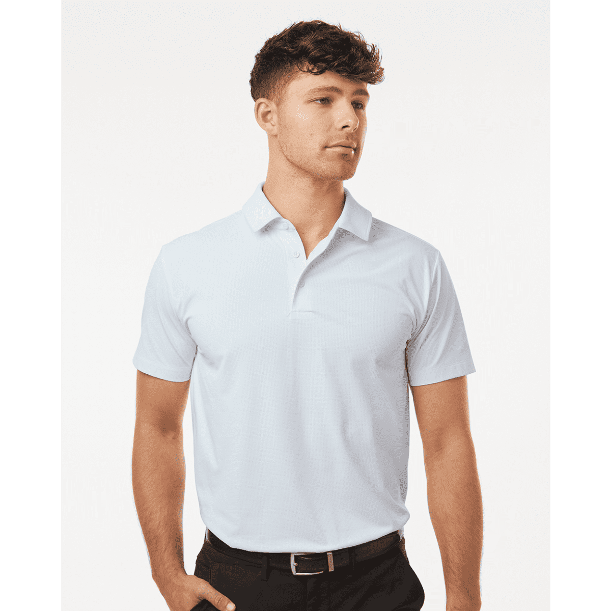 A white men's polo shirt with a collar, featuring short sleeves and a logo.