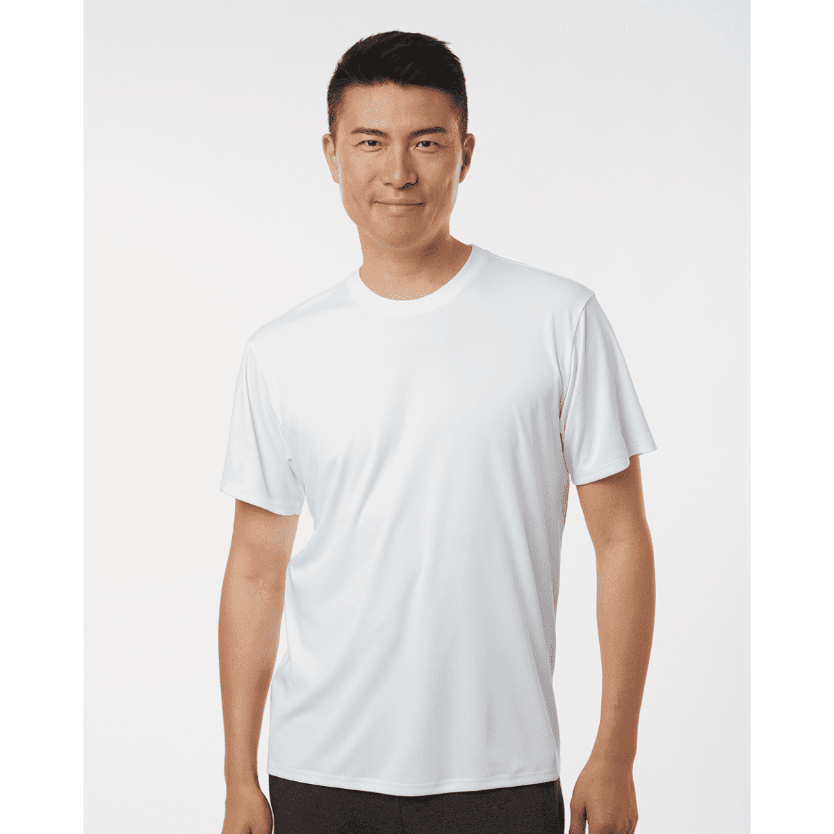 A white men's performance T-shirt featuring short sleeves and a fitted design, with a logo on the chest.