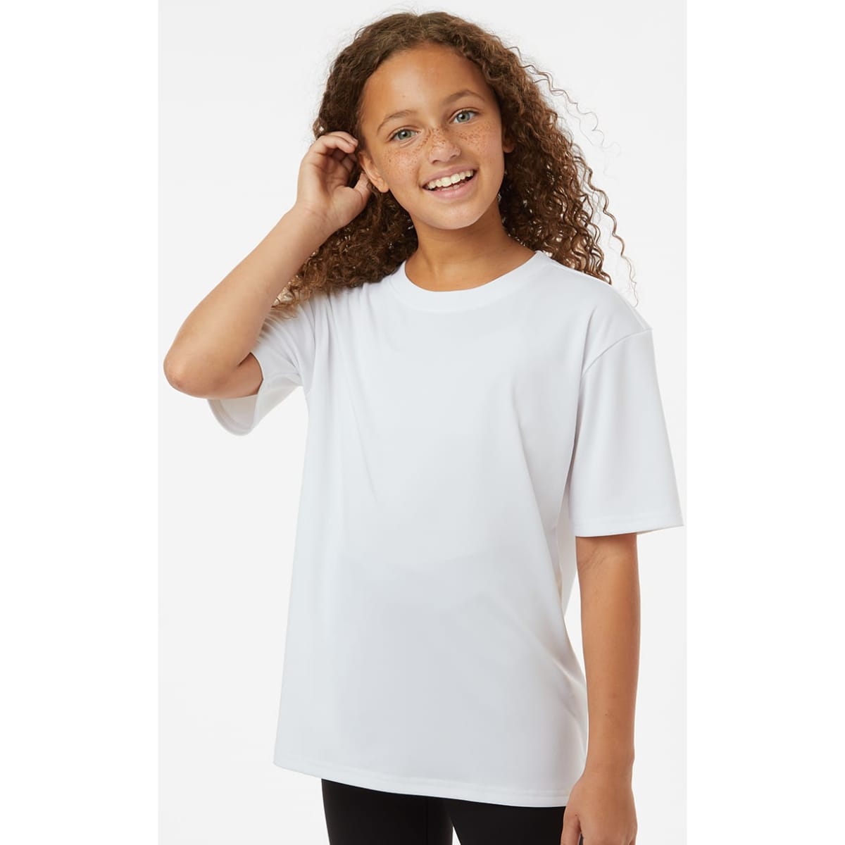 A youth performance T-shirt in white, featuring a relaxed fit and a logo on the front.
