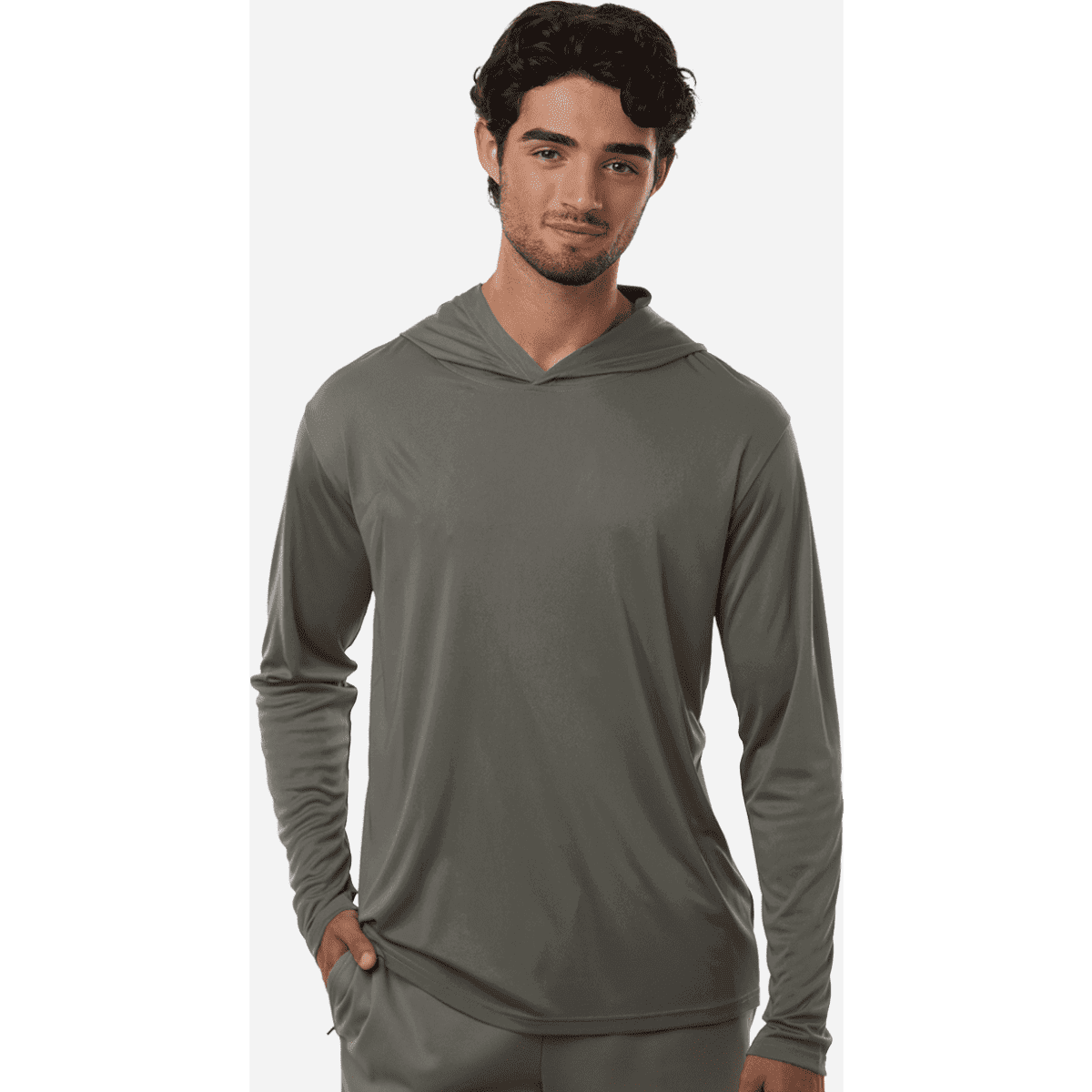 A grey men's hooded performance t-shirt with a slim fit, featuring long sleeves and a subtle branding logo.