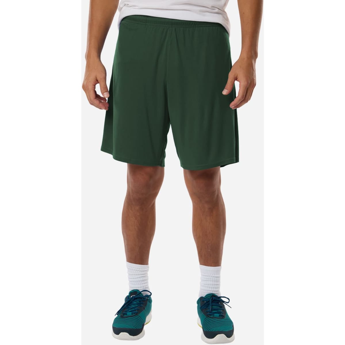 Men's Pro-Lock Performance Short in green with an elastic waistband and side pockets, featuring a logo on one side.