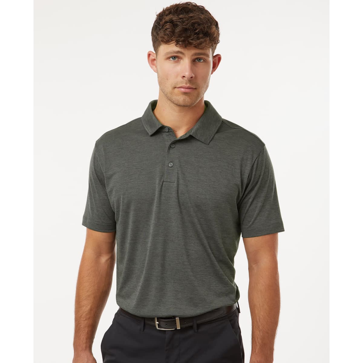 A men's heather melange polo in dark green, featuring a collar and a logo.