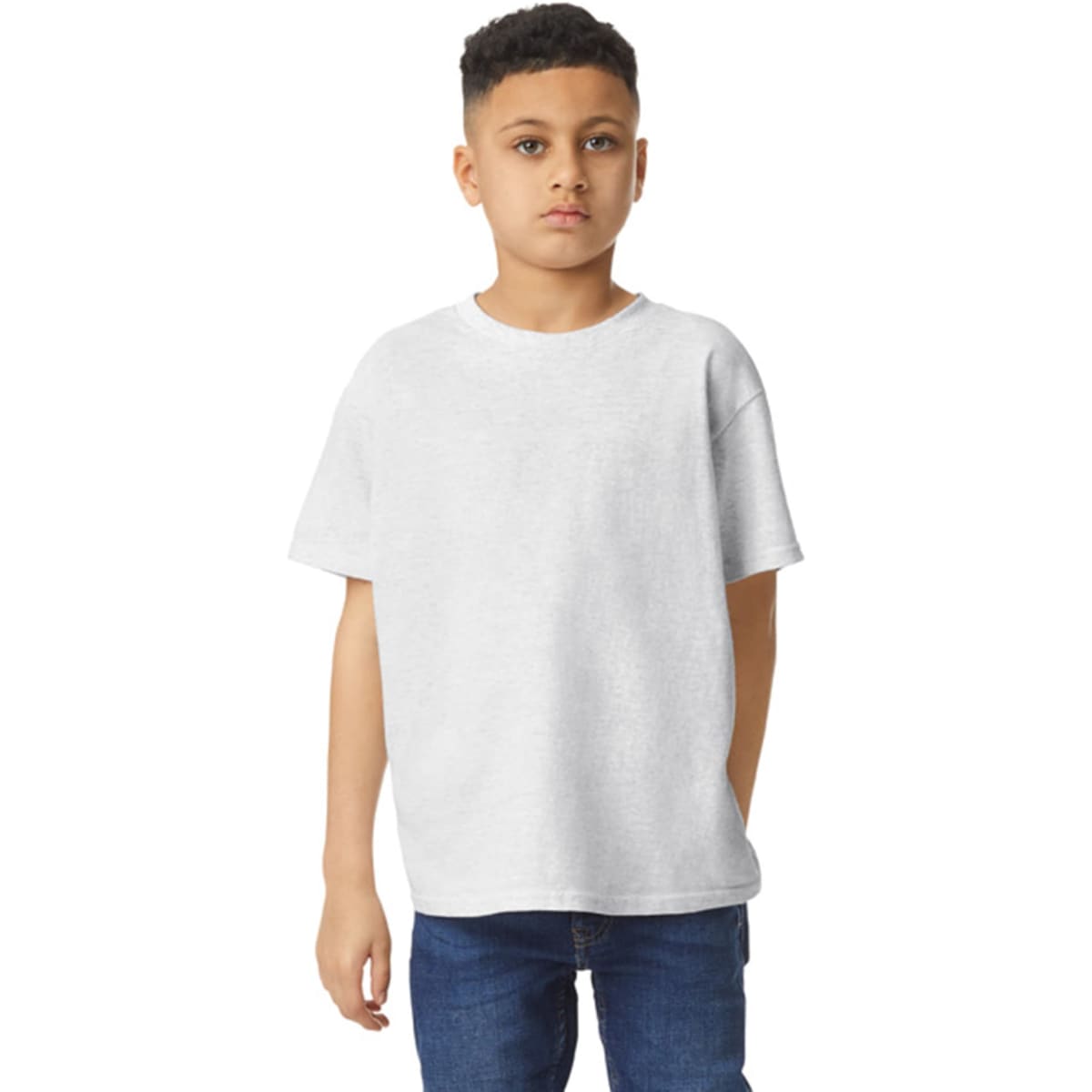 A youth t-shirt in light grey with a casual fit. The design features short sleeves and a round neckline.