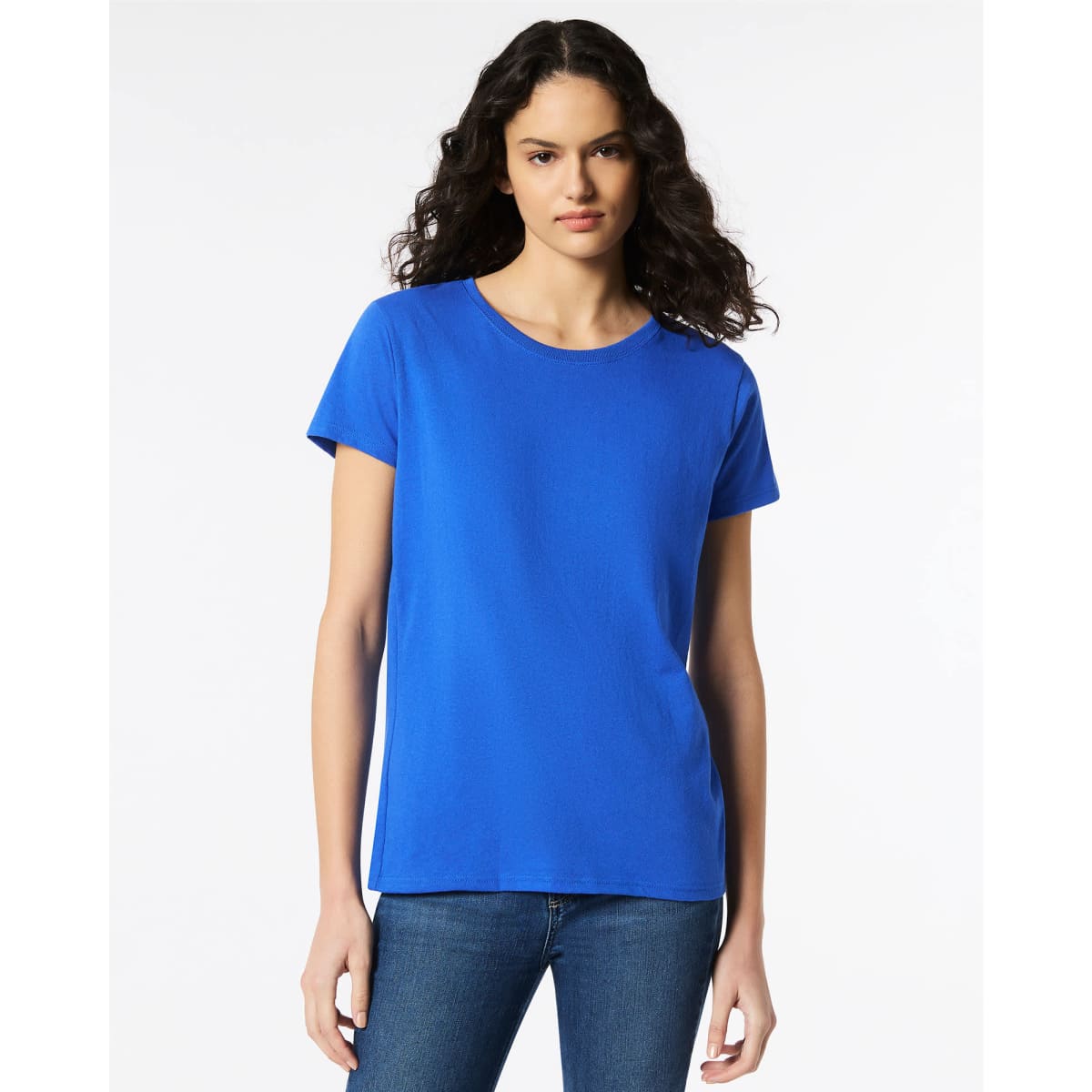 A blue Gildan Heavy Cotton ladies' T-shirt with a round neckline and short sleeves, featuring a logo.