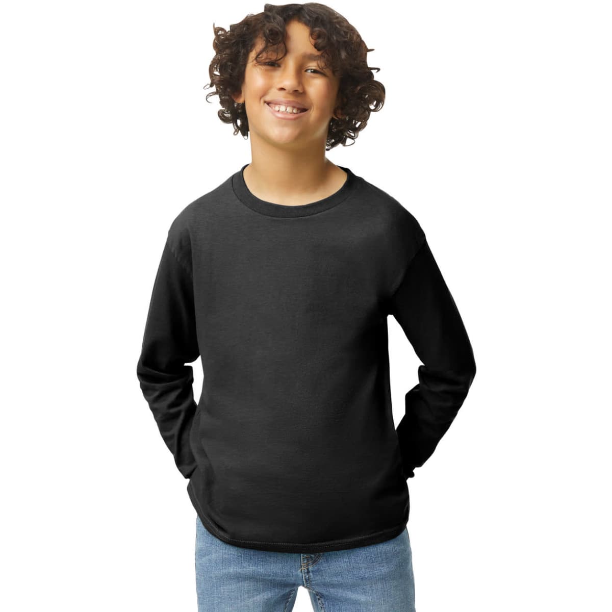 A youth long sleeve T-shirt in black, featuring a round neckline and a logo detail, worn by a smiling child.