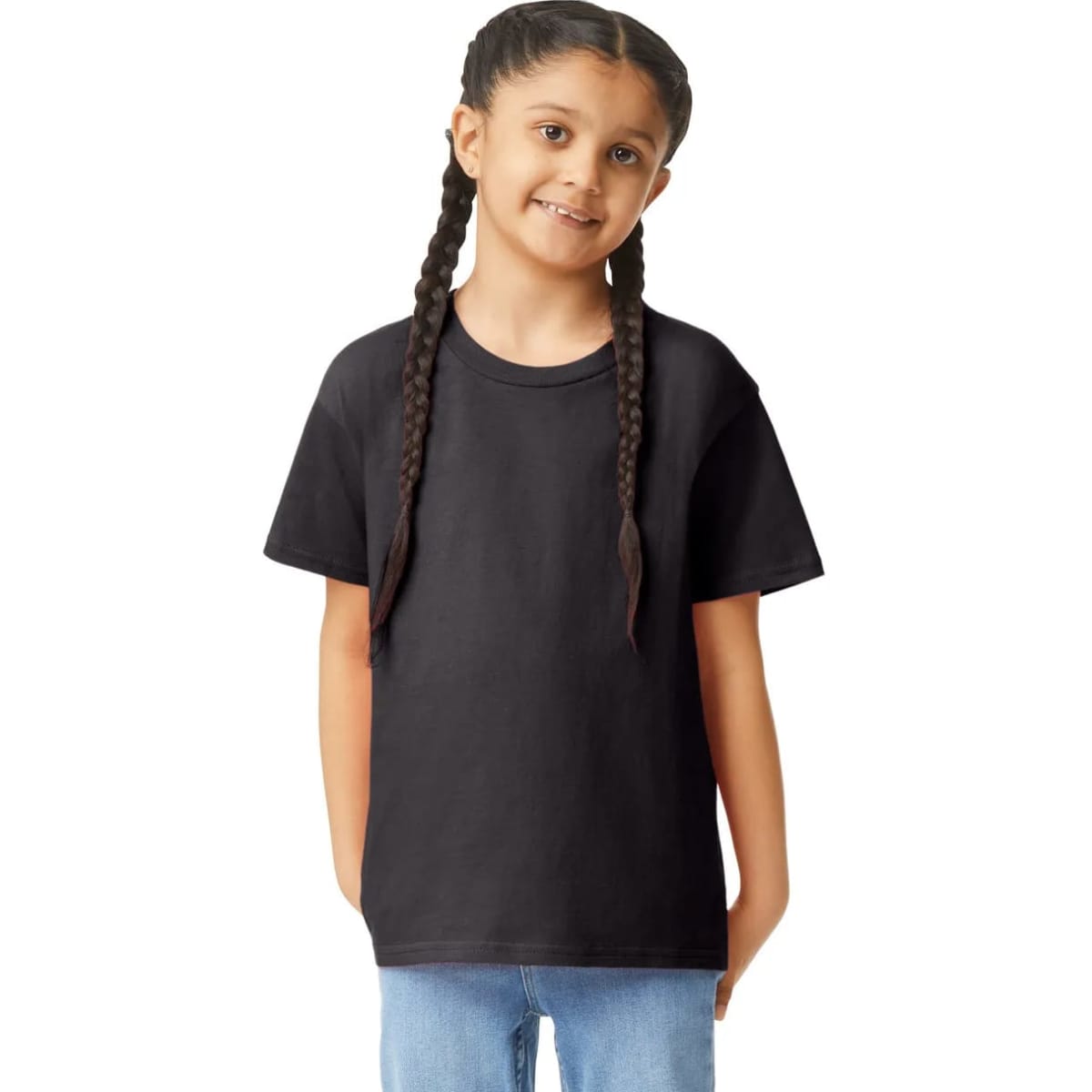 A black youth short sleeve t-shirt with a relaxed fit, displayed on a child with braided hair.