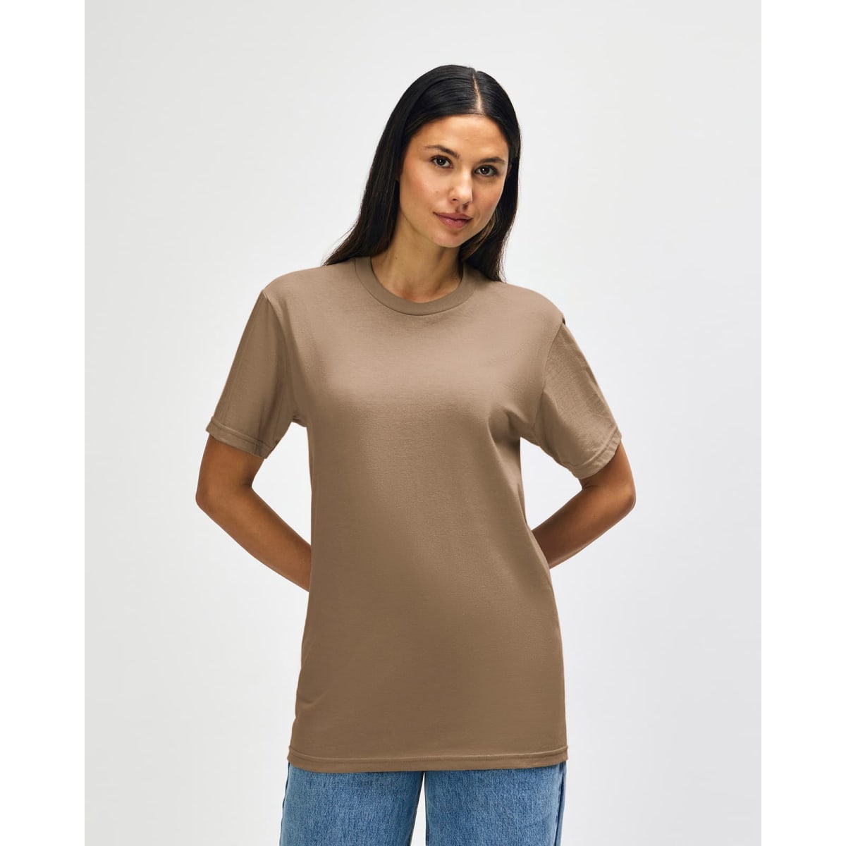 A midweight T-shirt in brown, featuring short sleeves and a simple design, with a logo present.