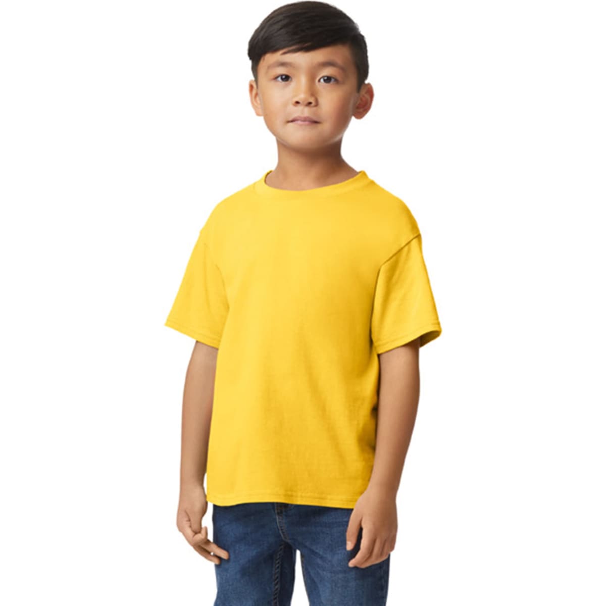 A youth midweight t-shirt in bright yellow, featuring a crew neckline and short sleeves, worn by a child.