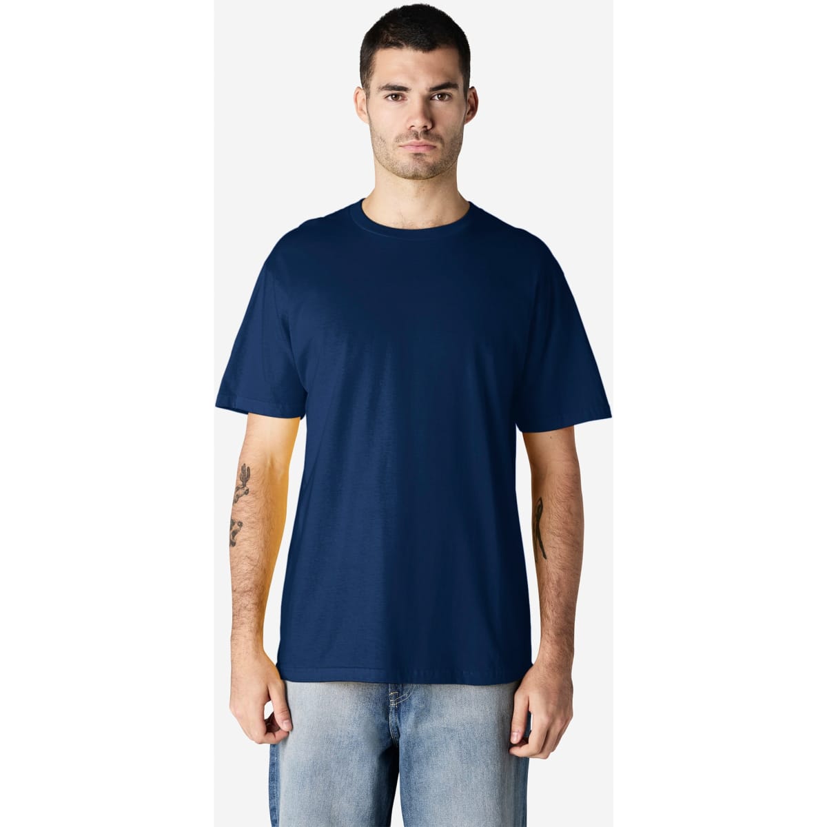 A navy blue Gildan Softstyle adult enzyme wash t-shirt displayed on a model, featuring a round neck and short sleeves.