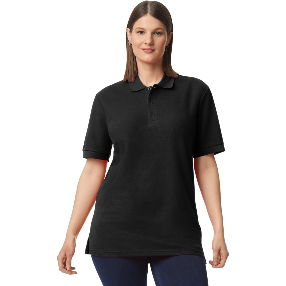 A black Gildan Hammer Adult Double Pique Polo shirt displayed on a model. The polo features a collar and short sleeves.