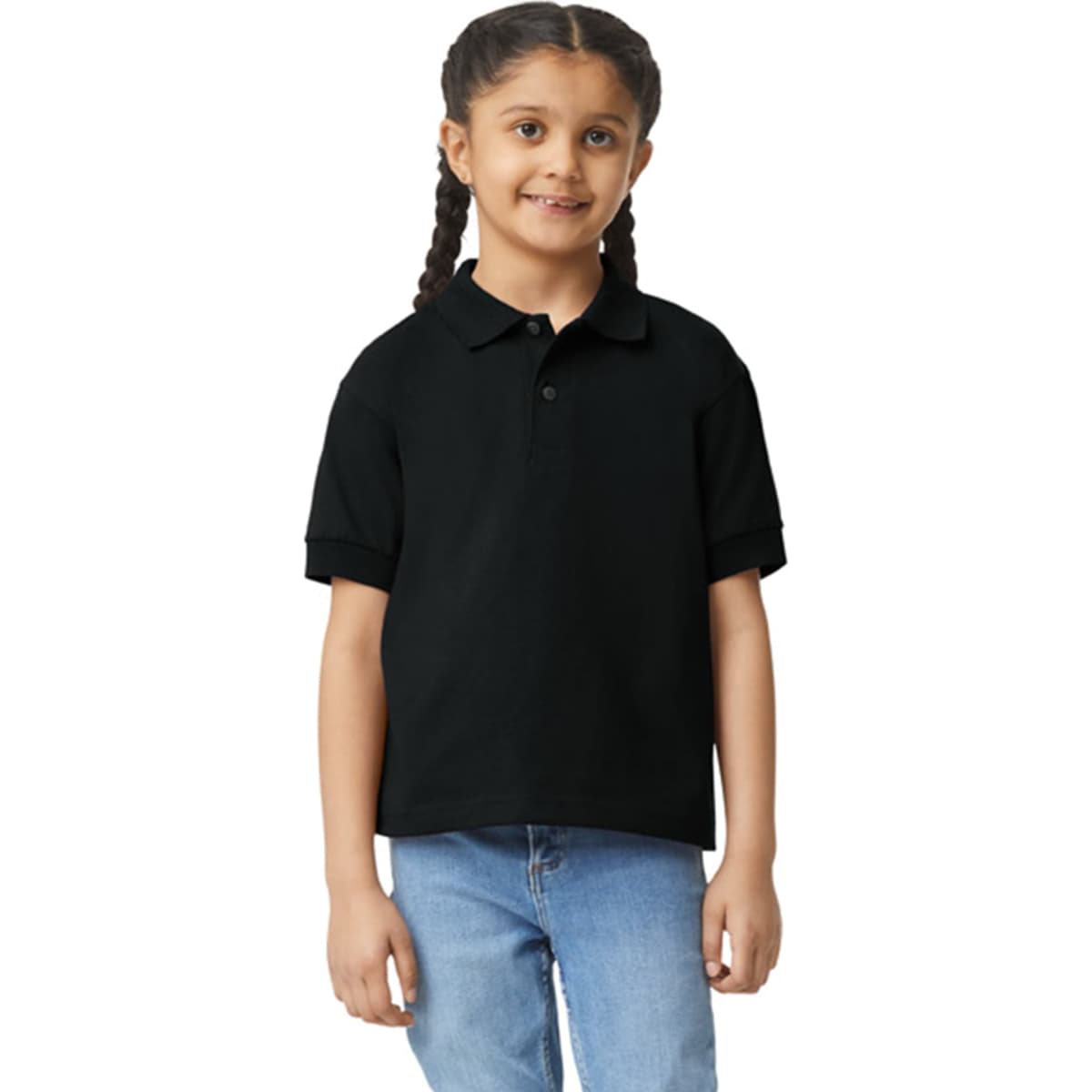 A black youth polo shirt displayed on a child, featuring a collar and short sleeves. The shirt has a logo.