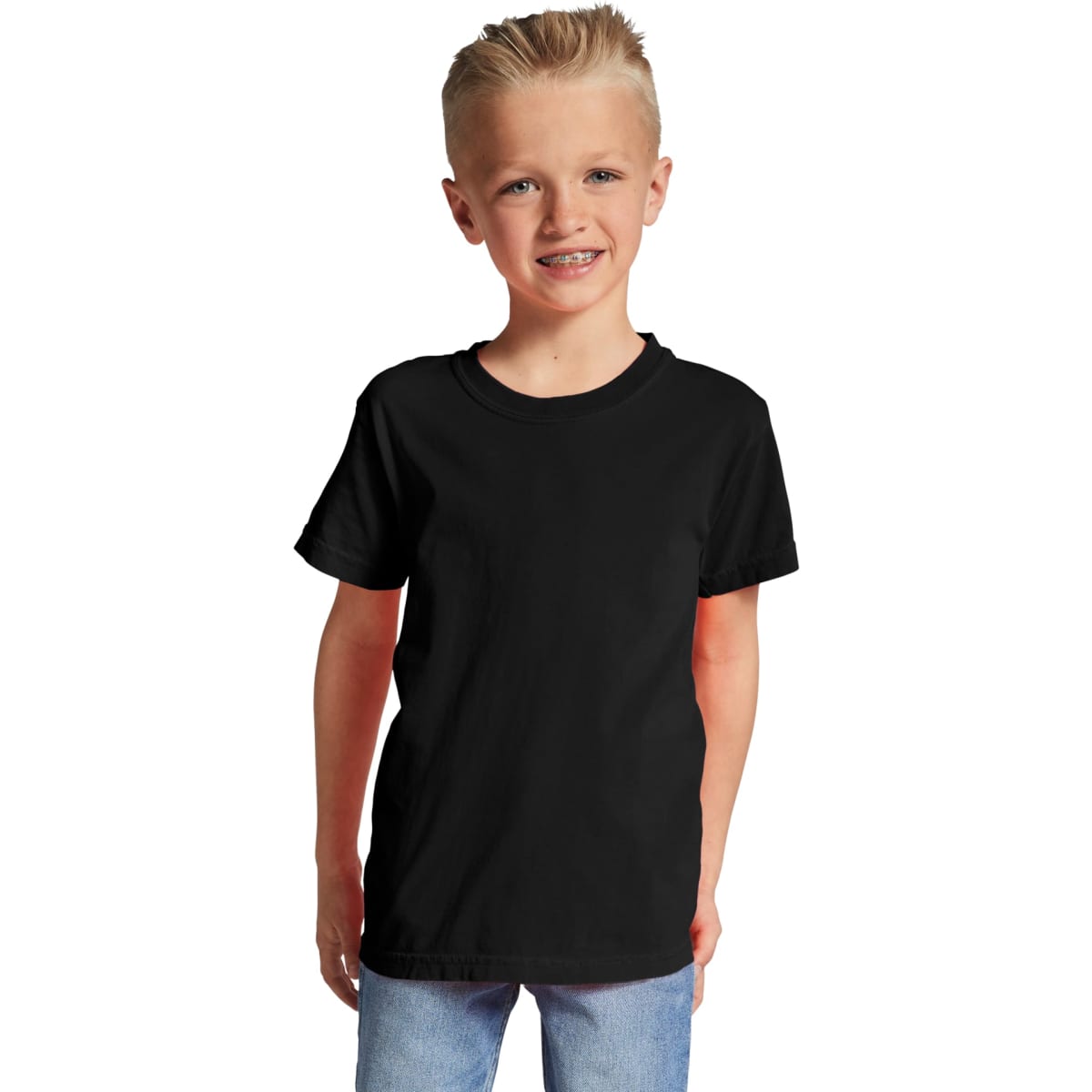 A black youth short sleeve t-shirt is displayed on a smiling child. The shirt has a simple design and no visible logos.
