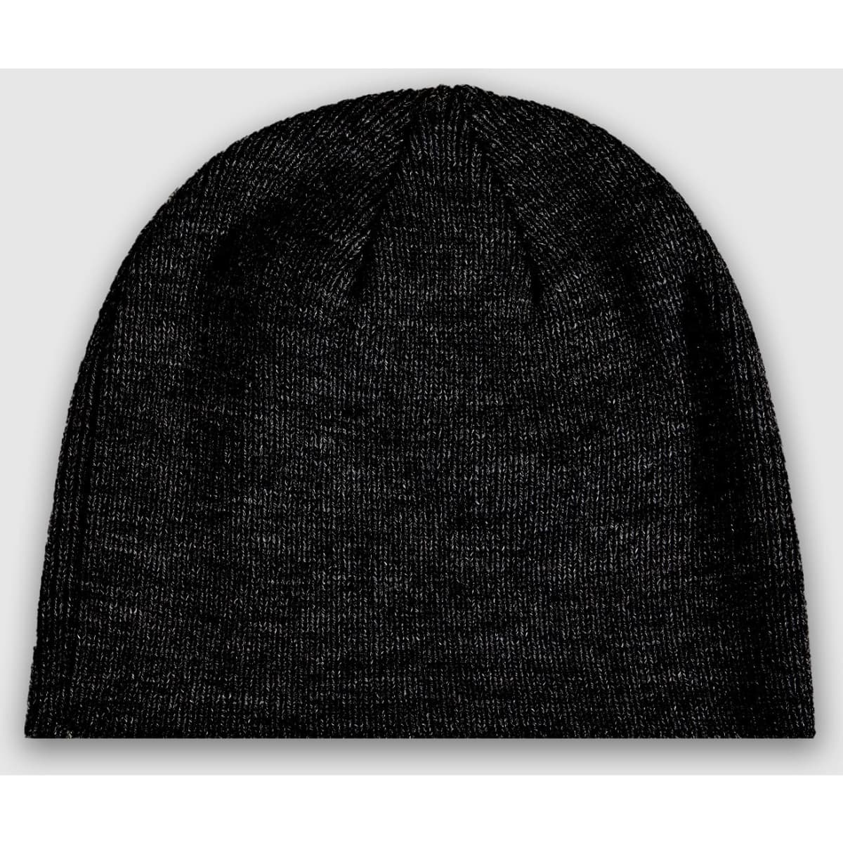 A black knit beanie featuring a simple design and a subtle logo. Suitable for casual headwear.
