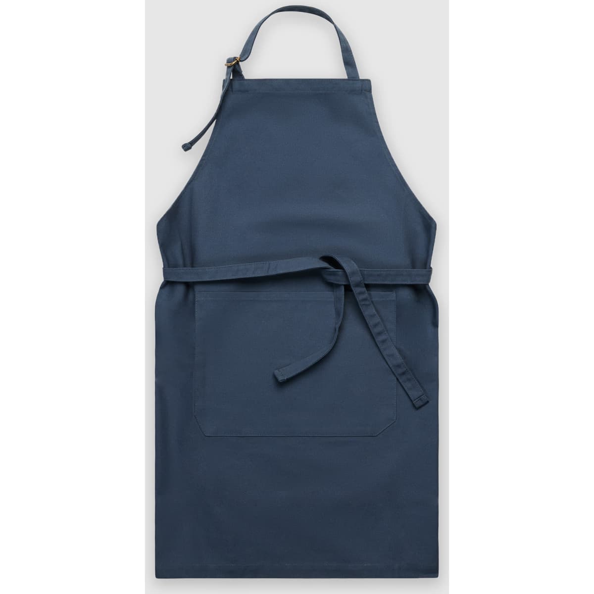A navy blue apron with a front pocket and a tie strap, featuring a logo at the neckline.