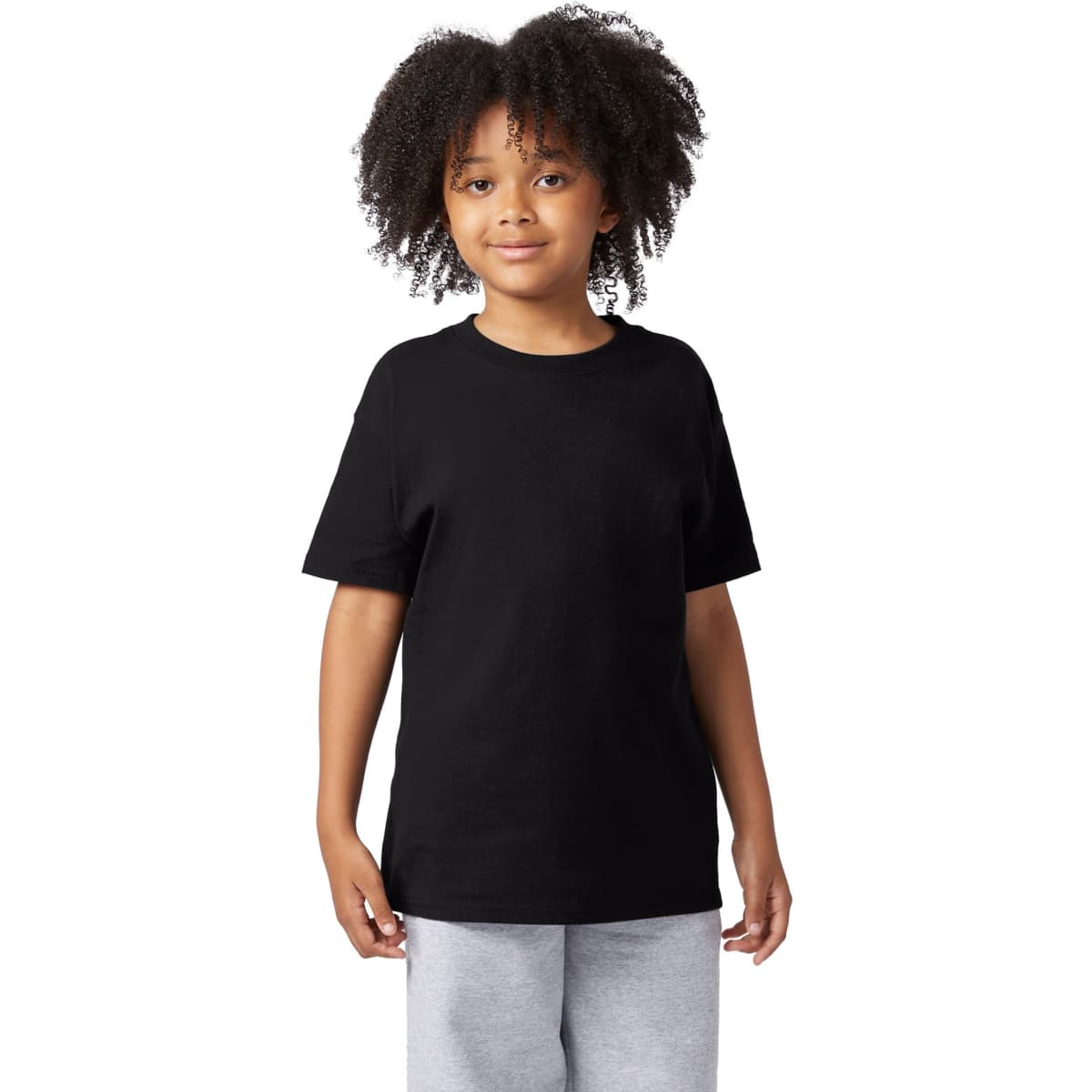 A black short sleeve t-shirt for youth, featuring a simple design and a relaxed fit.