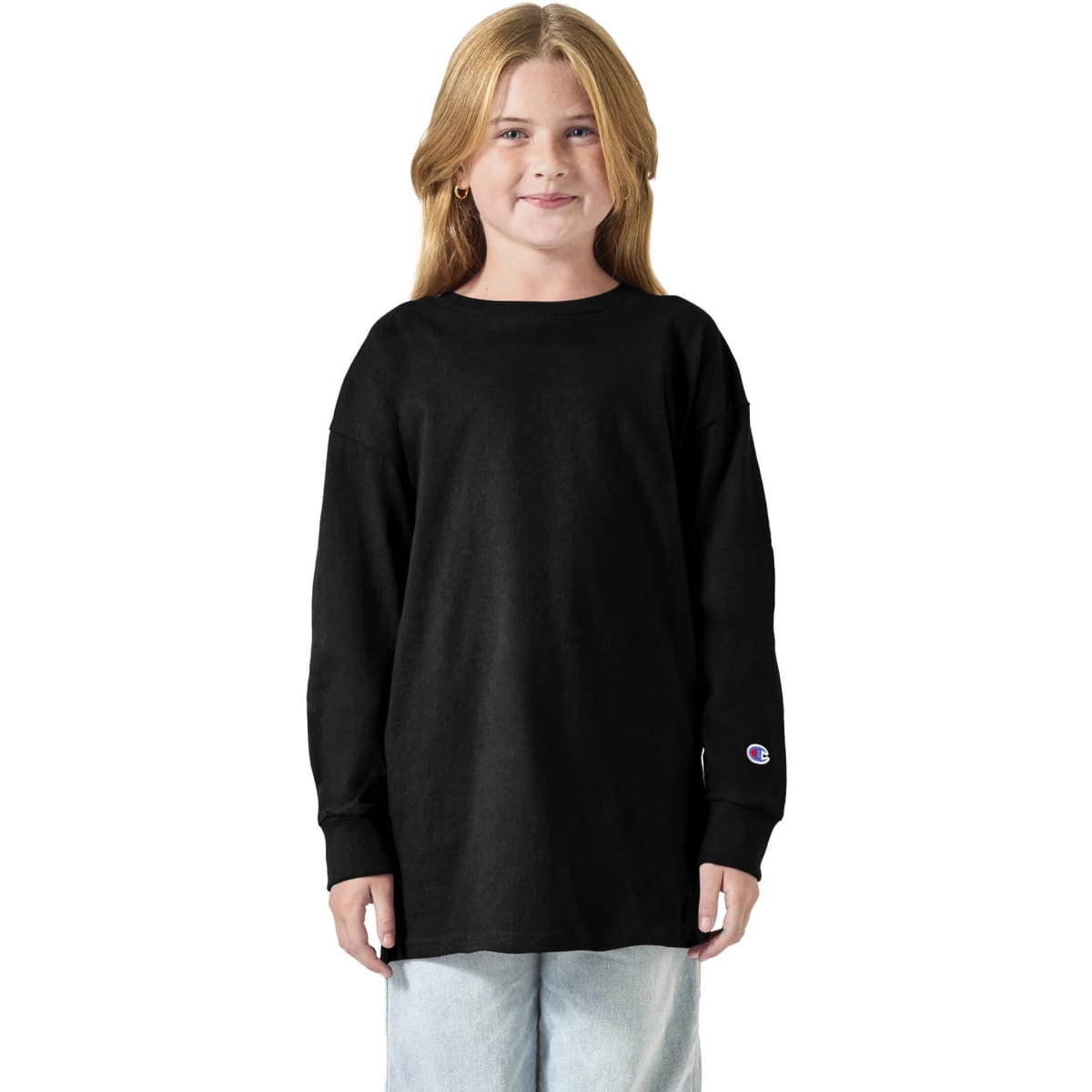 A black long sleeve t-shirt for youth, featuring a logo on the sleeve and a relaxed fit.