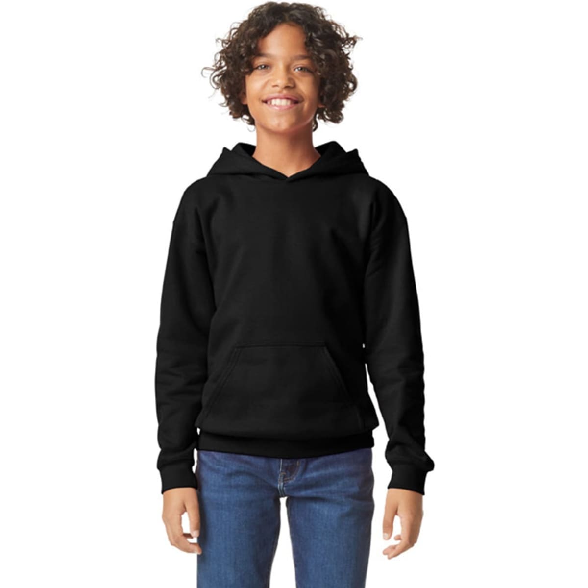 A youth hooded sweatshirt in black, featuring a front pocket and a logo. Ideal for casual wear.