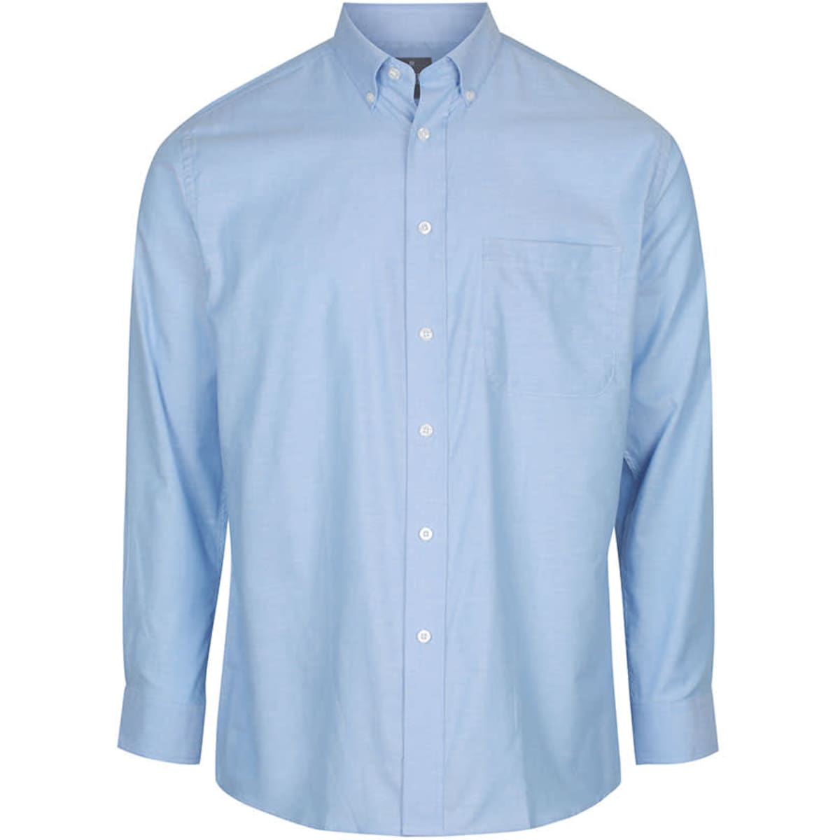 A light blue button-up shirt featuring long sleeves and a chest pocket, with a branded logo.