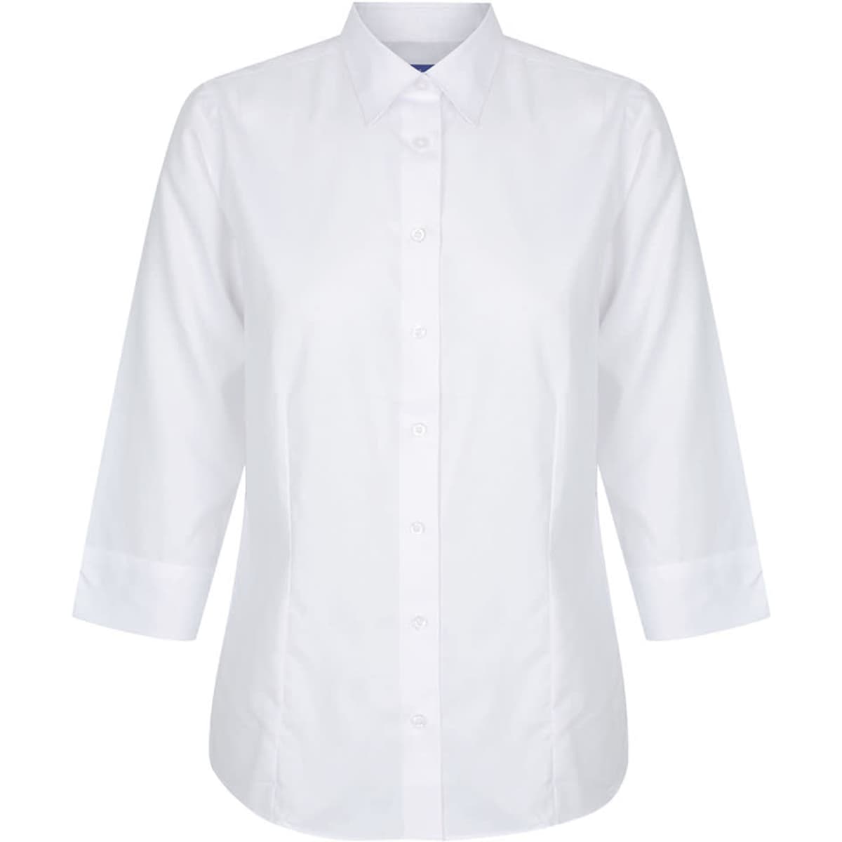 A white button-up shirt with three-quarter sleeves featuring a collar and a front button closure. It has a logo.