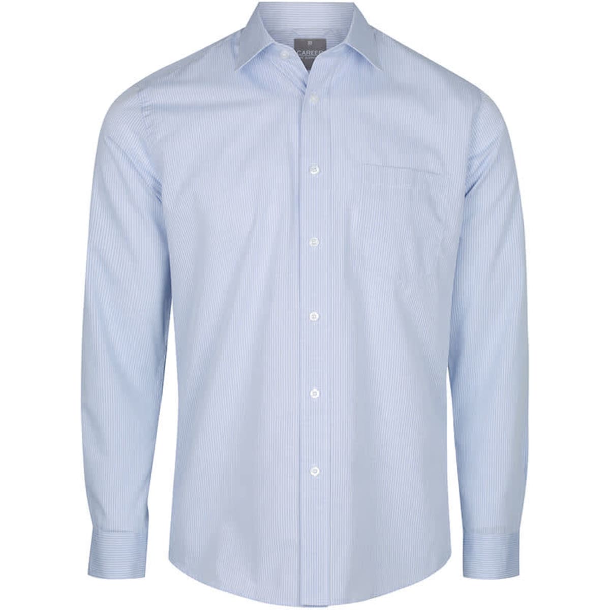 A button-up shirt in light blue with a subtle striped pattern and a single chest pocket. It features a logo on the neckline.