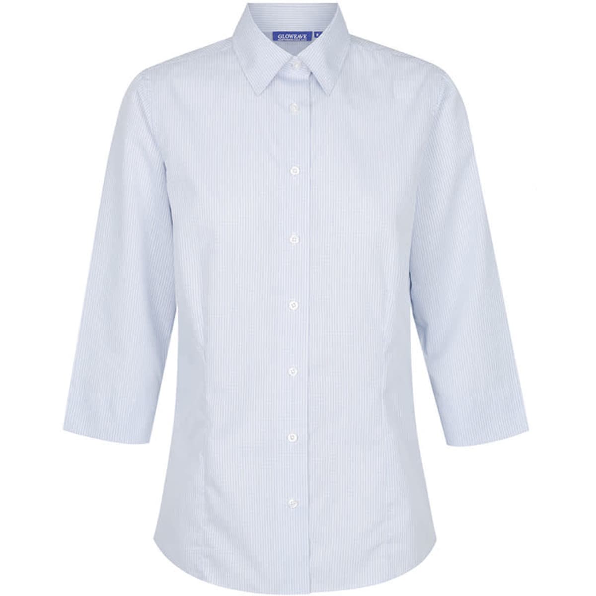 A light blue, striped women's shirt with three-quarter sleeves and a collar, featuring a logo on the label.