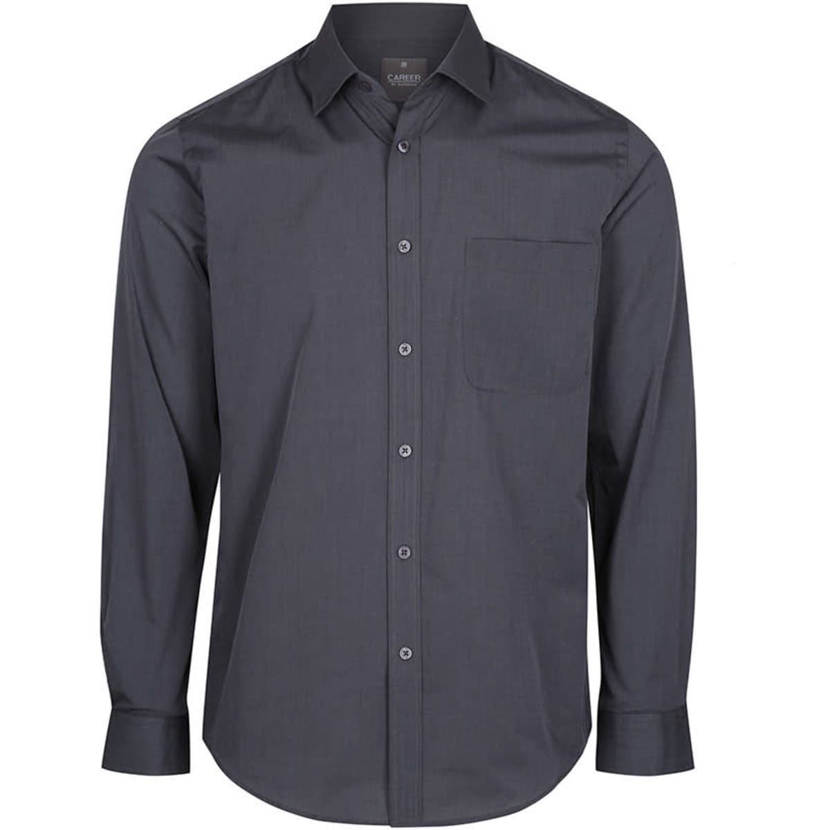 A dark grey button-up shirt with long sleeves and a single chest pocket. The shirt features a logo.