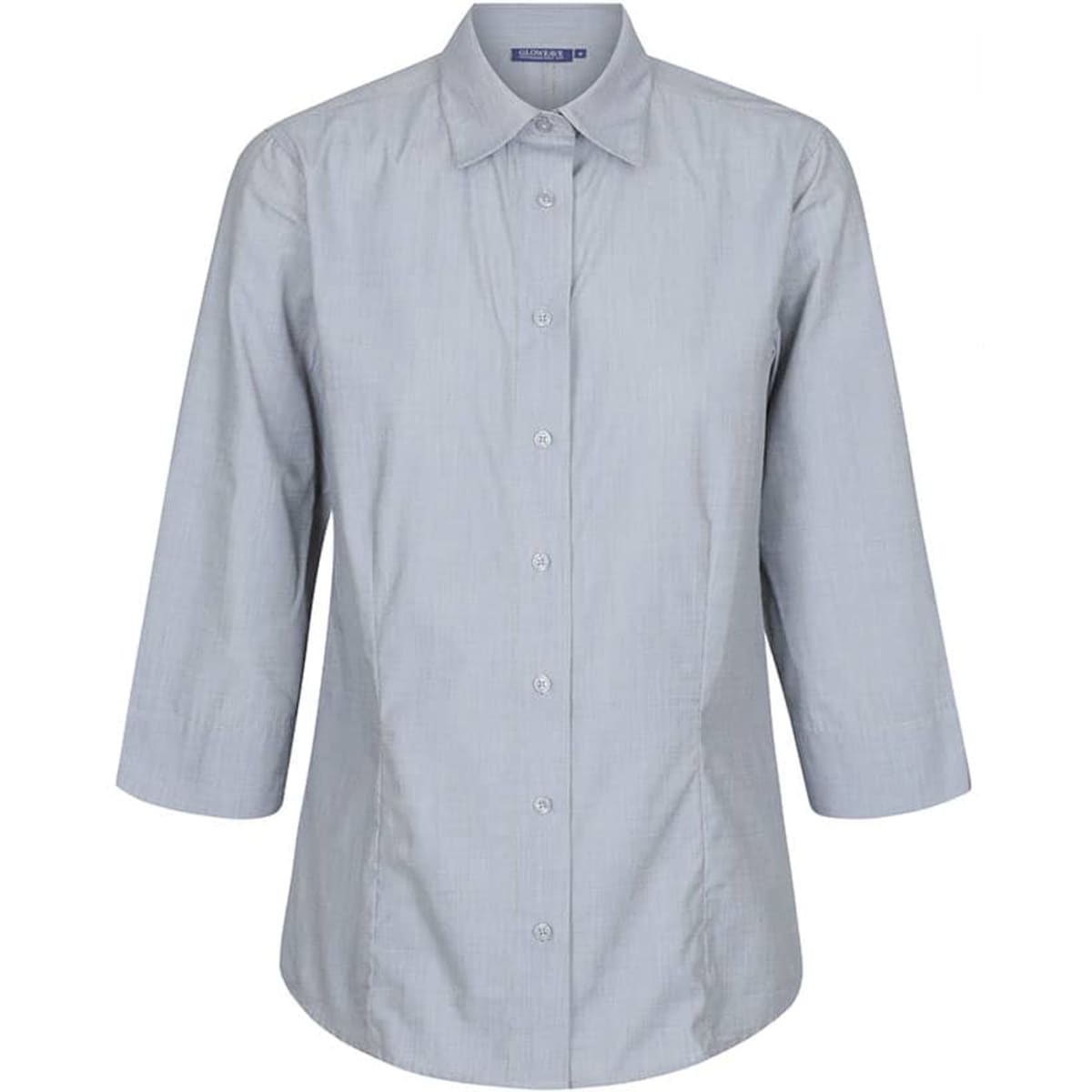 A light blue button-up shirt with three-quarter sleeves and a collar. It features a front button closure and has a branded logo.