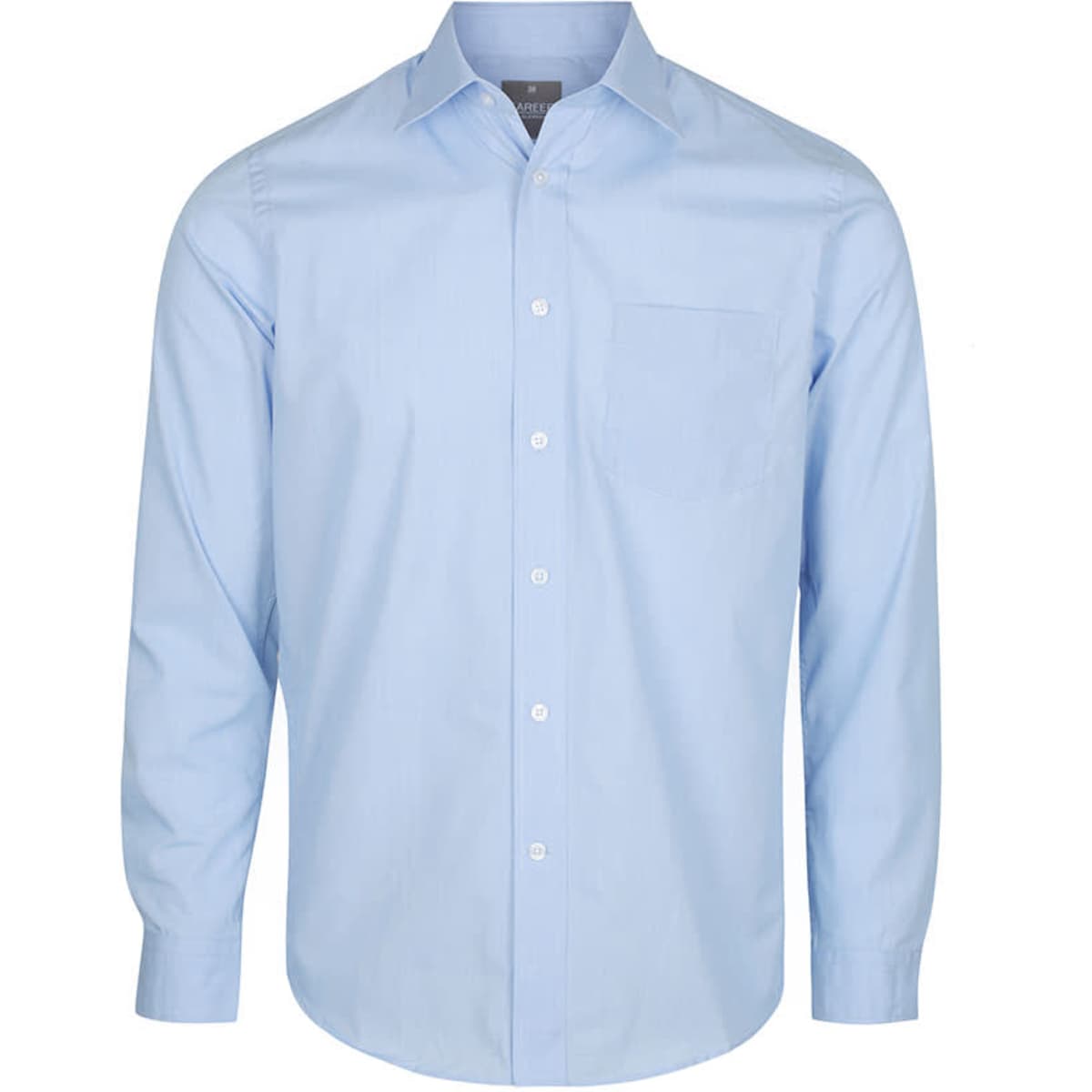 A light blue button-up shirt with long sleeves and a chest pocket, featuring a logo on the collar.