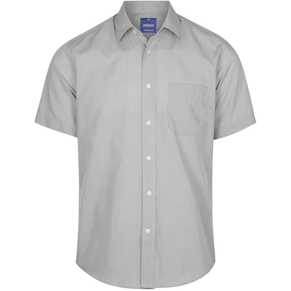 A short-sleeved button-up shirt in light grey with a single pocket and a branding logo.