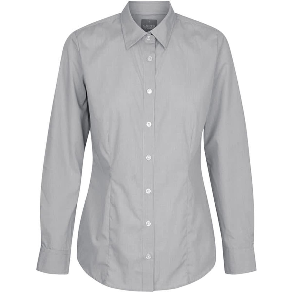 A light grey button-up shirt with long sleeves and a fitted design. It features a collar and buttons down the front.