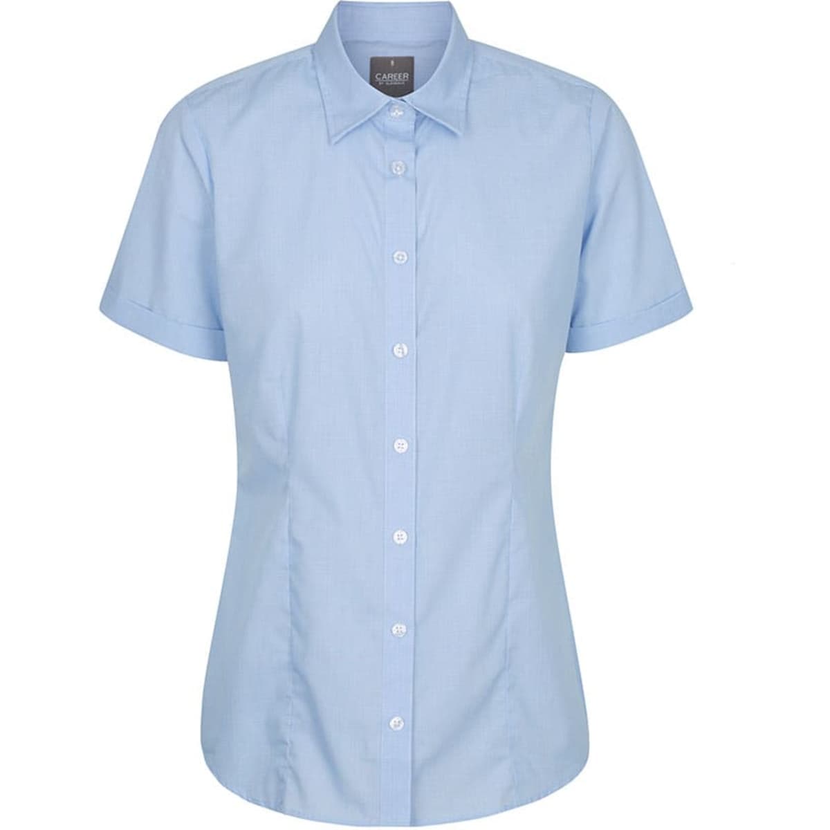 A light blue button-up shirt with short sleeves and a fitted design. The shirt features a collar and white buttons.